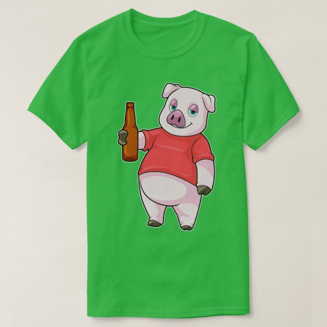 T-shirt Cochon avec bouteille de bière (Design devant)