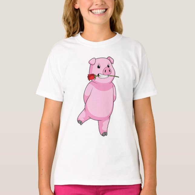 T-shirt Cochon avec fleur Rose (Devant)