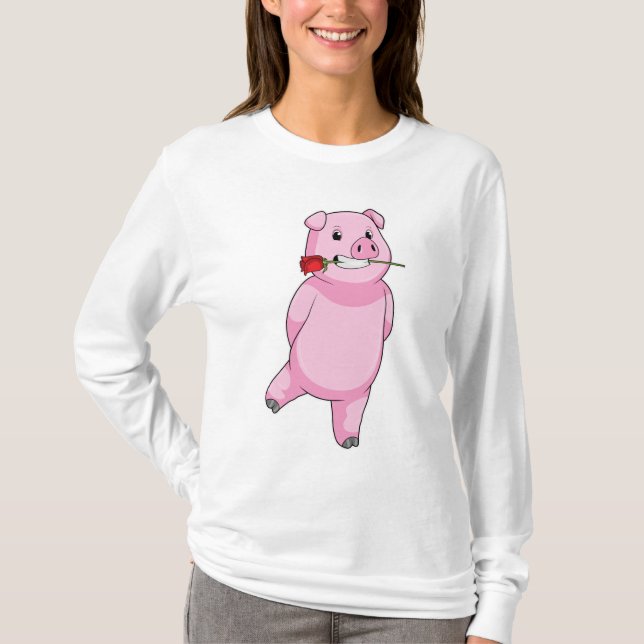 T-shirt Cochon avec fleur Rose (Devant)