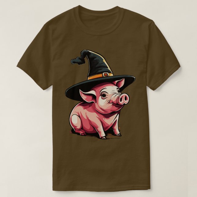 T-shirt Cochon dans un chapeau de sorcière halloween piggy (Design devant)