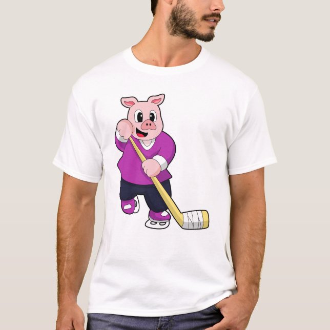 T-shirt Cochon de hockey sur glace avec bâton de hockey su (Devant)