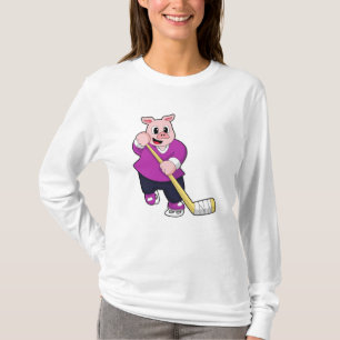 T-shirt Cochon de hockey sur glace avec bâton de hockey su
