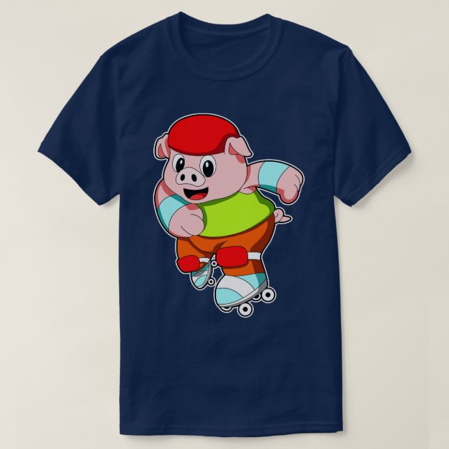 T-shirt Cochon en patinage en ligne avec casque de patins  (Design devant)
