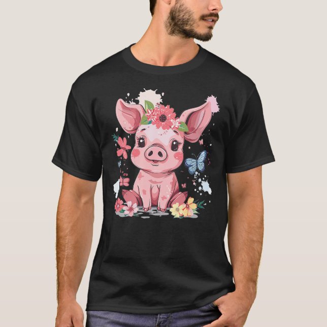 T-shirt Cochon Mignon Avec Des Fleurs I Enfants Cochon (Devant)
