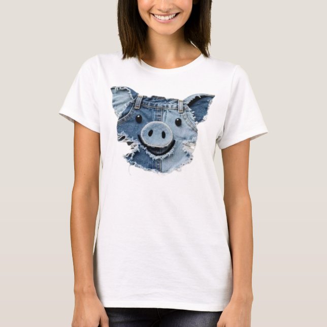 T-shirt Cochon Patchwork en Denim (Devant)