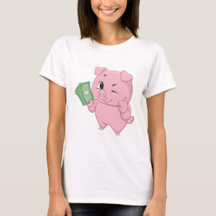 T-shirt Cochon Rose Tenant de l'Argent Faisant un Pouce en