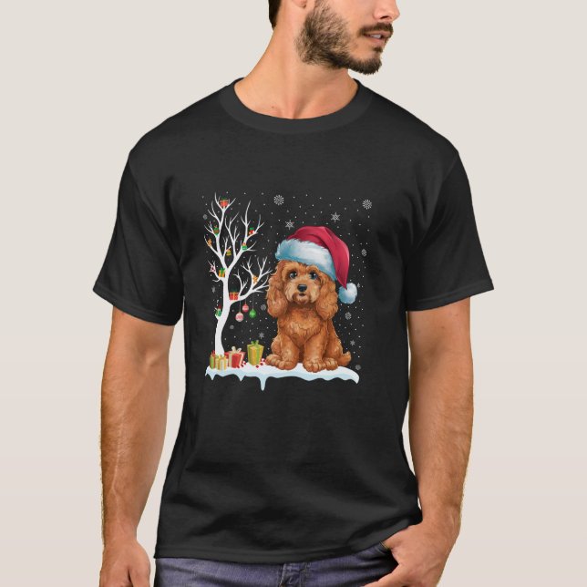 T-shirt Cockapoo Chien Santa Hat Festif Arbre Lumière Chri (Devant)