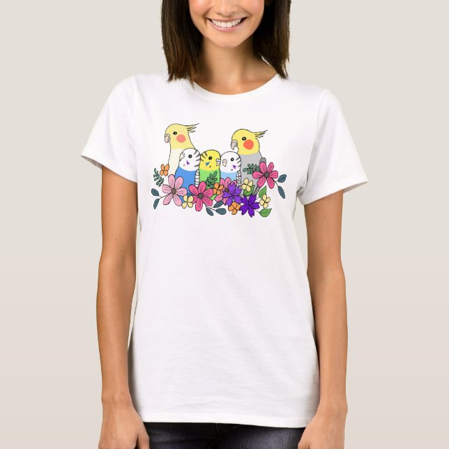 T-shirt Cockatiel Budgie Parakeet aux fleurs d'oiseau (Devant)