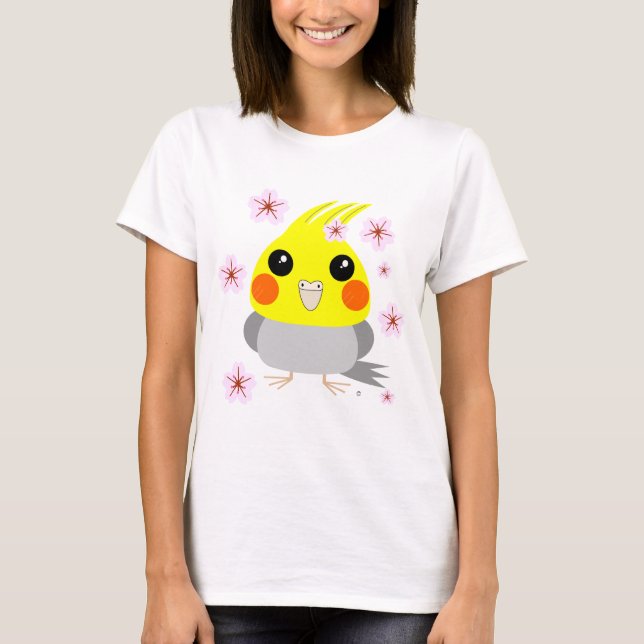 T-shirt Cockatiel/oiseau de BelleBelle avec des fleurs de (Devant)