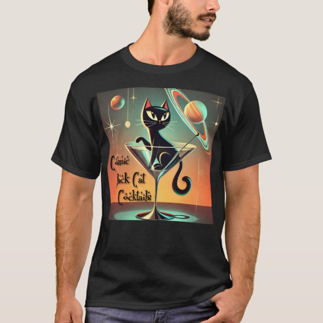 T-shirt Cocktails de chat noir cosmique futuriste atomique (Devant)
