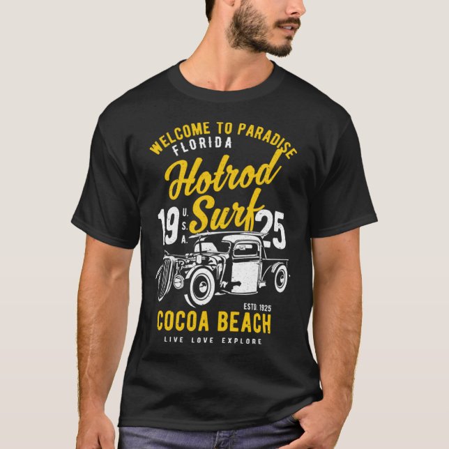 T-shirt Cocoa Beach Florida Retro Hotrod Surf Distressed   (Devant)