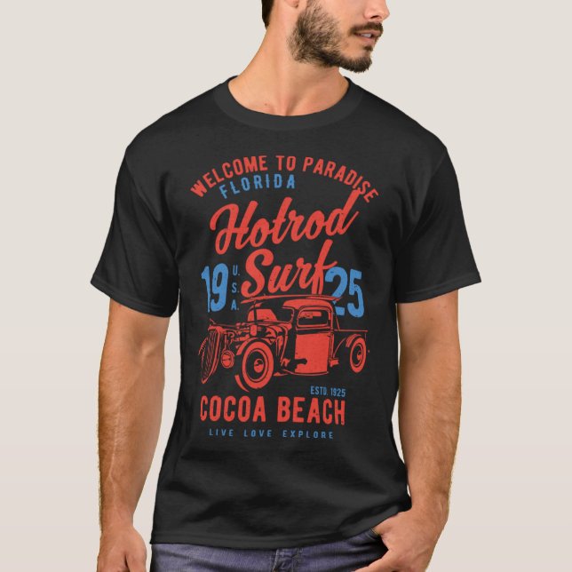 T-shirt Cocoa Beach Florida Retro Hotrod Surf Distressed   (Devant)