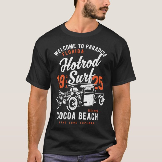 T-shirt Cocoa Beach Florida Retro Hotrod Surf Distressed   (Devant)