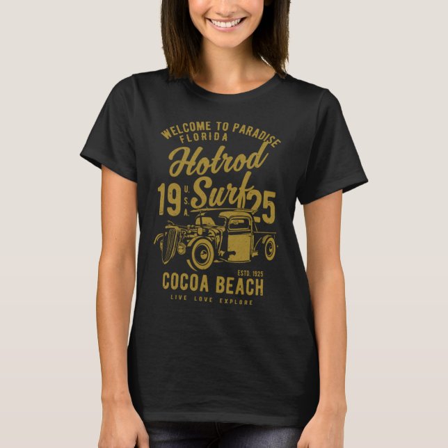 T-shirt Cocoa Beach Florida Retro Hotrod Surf Distressed   (Devant)