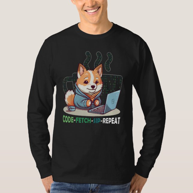 T-shirt Code Fetch Sip Repeat Coffee Binary Shiba Inu Prog (Devant)