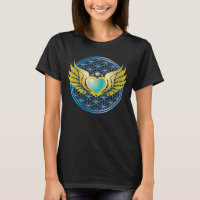 Coeur bleu avec ailes d'ange or sur la Fleur de vi
