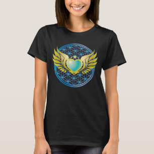 T-shirt Coeur bleu et ailes d'or de l'ange sur la fleur de
