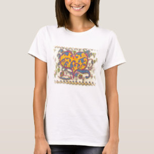 T-shirt Coeur d'art populaire avec feuilles et fleurs