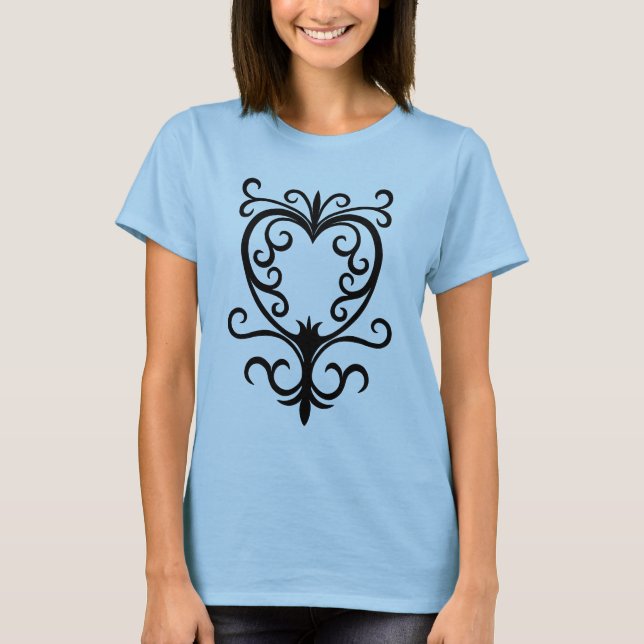 T-shirt Coeur de défilement gothique damassé élégant (Devant)