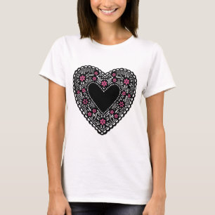 T-shirt Coeur de dentelle noir et rose