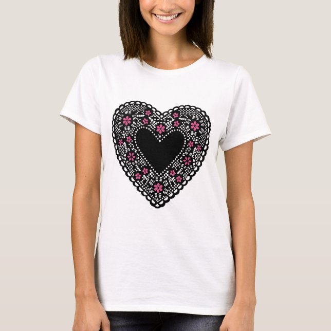 T-shirt Coeur de dentelle noir et rose (Devant)