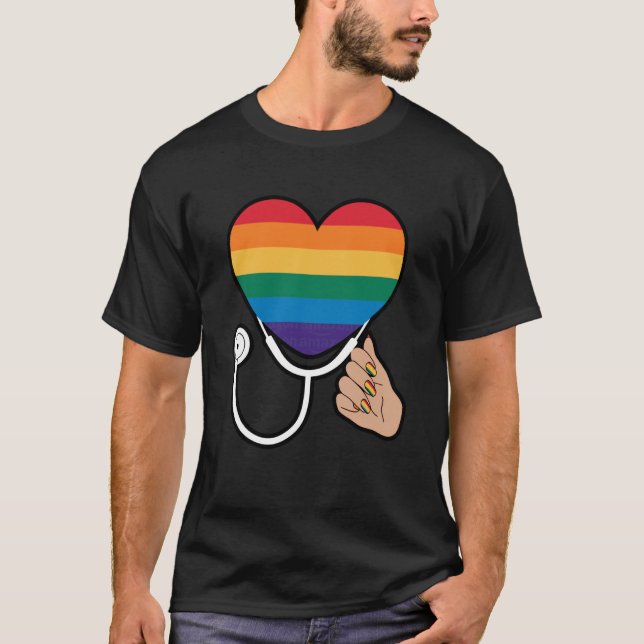 T-shirt Cœur de la fierté progressiste avec stéthoscope (Devant)