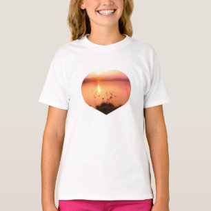 T-shirt Coeur de photo rose et de coucher de soleil de lac