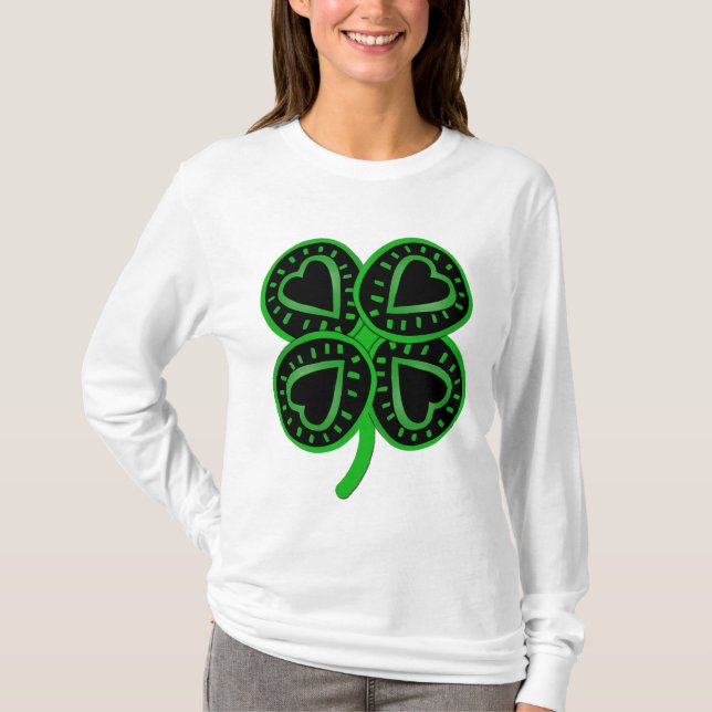 T-shirt Coeur de trèfle vert noir St Patrick Femme Long S  (Devant)