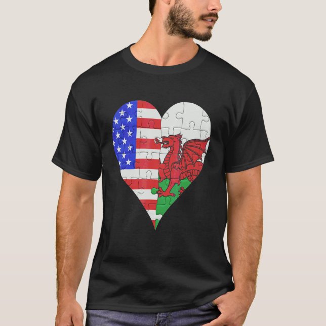 T-shirt Coeur du drapeau gallois américain (Devant)