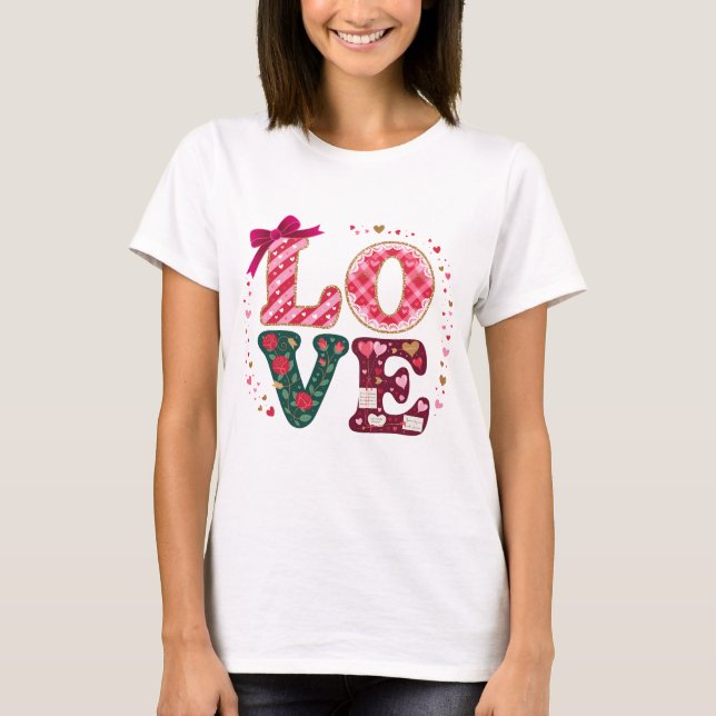 T-shirt Cœur floral avec lettrage d'amour rouge et rose (Devant)