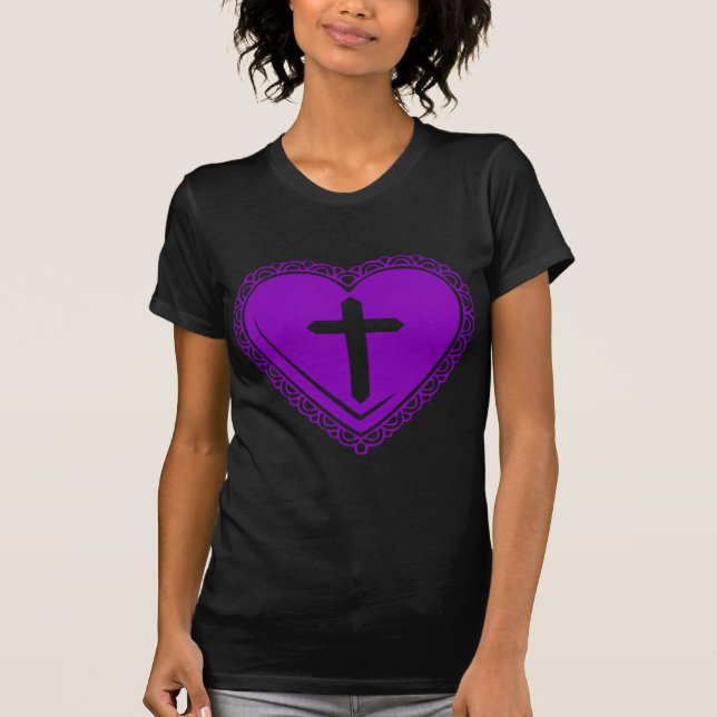 T-shirt Cœur gothique + Croix (Noir Violet) (Devant)