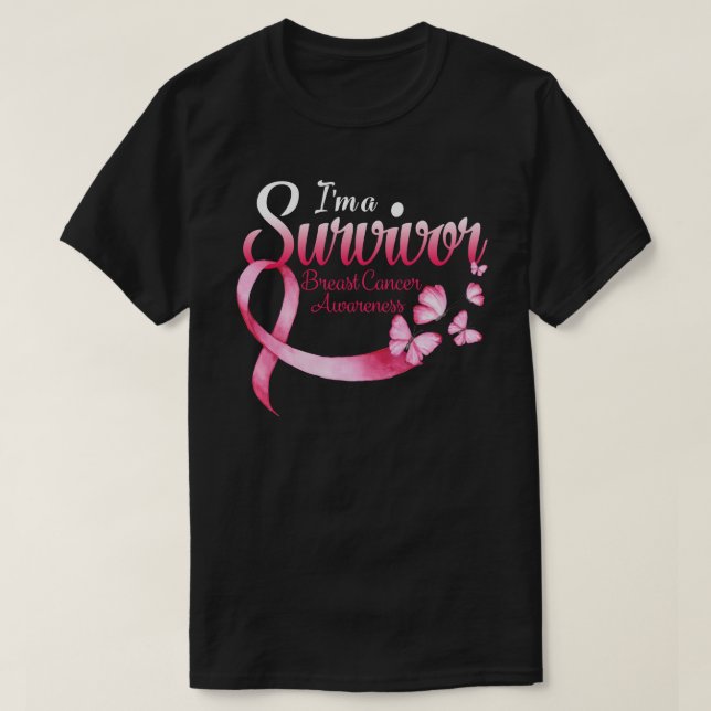 T-shirt Coeur papillon rose Je suis un survivant Cancer du (Design devant)