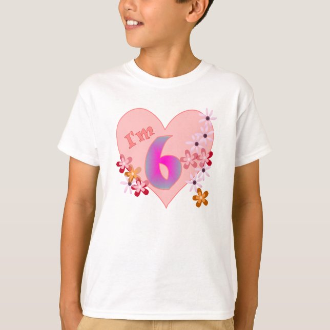 T-shirt Coeur rose et fleurs de 6ème anniversaire de fille (Devant)