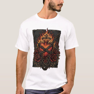 T-shirt Cœur Sacré Flamboyant avec Roses Dés Gothique Vint