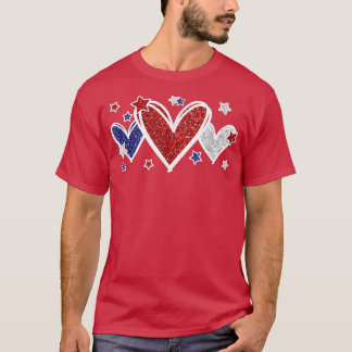 T-shirt Coeurs Bleus Bleu Rouge Et Étoiles Pour Patriotiqu