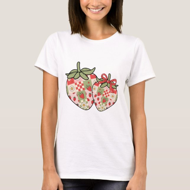 T-shirt Cœurs de fraise en patchwork Art mignon Coquette (Devant)