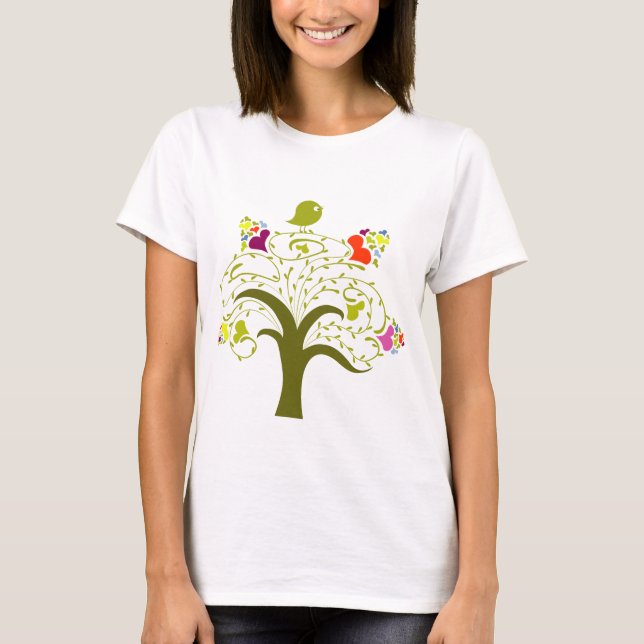 T-shirt Coeurs Et Oiseaux Sur Un Petit Arbre (Devant)