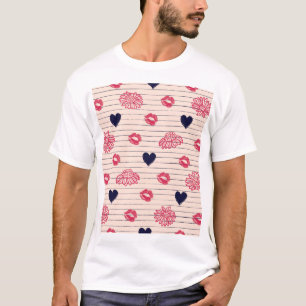 T-shirt Coeurs rouges, lèvres, marguerites motif.