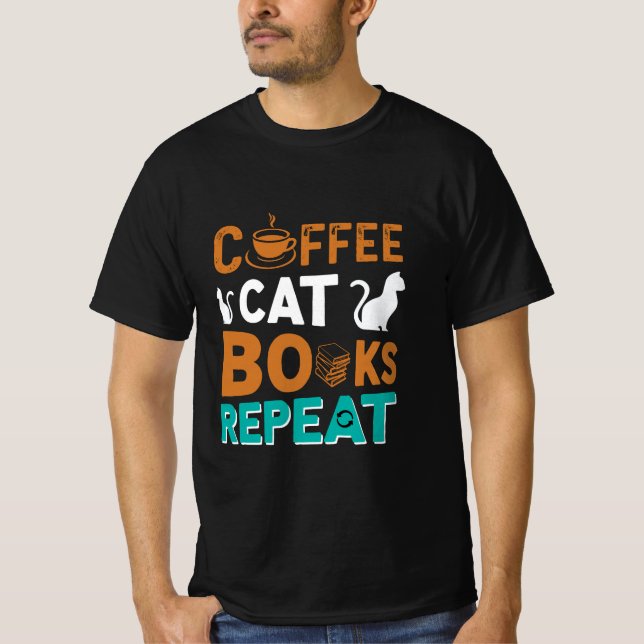 T-shirt Coffee Cat Books Répéter, lire et café amoureux (Devant)