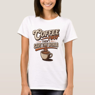 T-SHIRT COFFEE D'ABORD PUIS SAUVER LE MONDE QUI SAUTE AUX