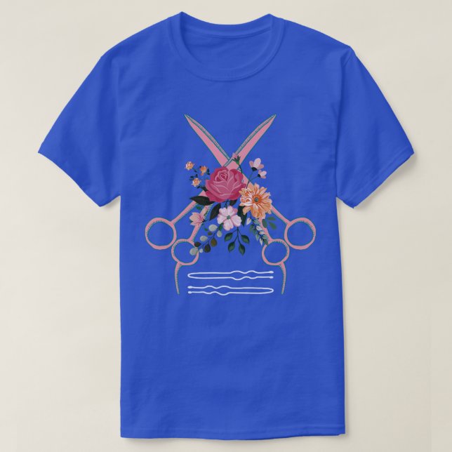 T-shirt Coiffeur ciseaux floral coiffeur (Design devant)