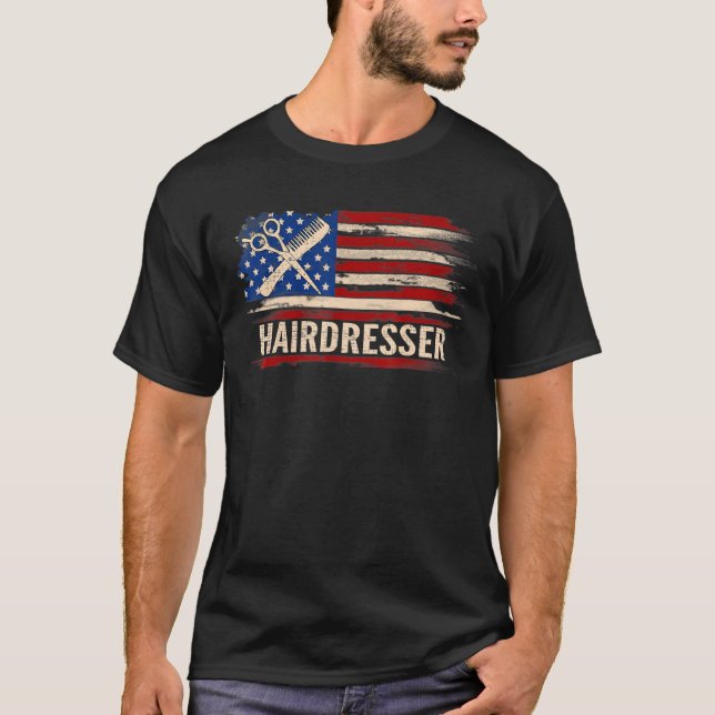 T-shirt Coiffeur vintage Drapeau américain Barberhairstyli (Devant)