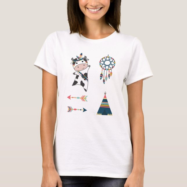 T-shirt Coiffure indienne en plume Tipi Flèches Sticker (Devant)
