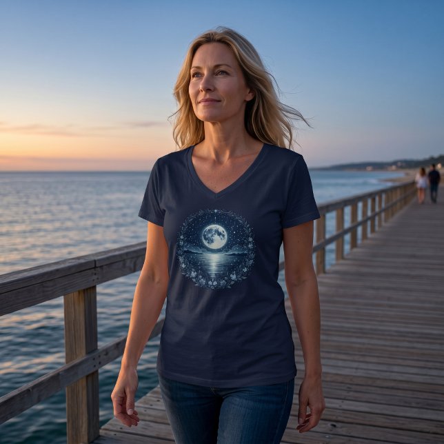 T-shirt col V Océan au Clair de Lune Nuit Céleste (Créateur téléchargé)