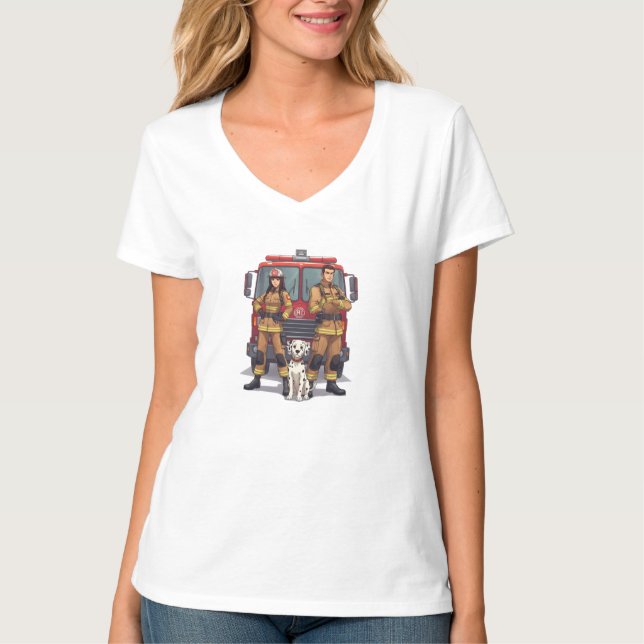 T-shirt col V pompier d'anime héroïque (Devant)