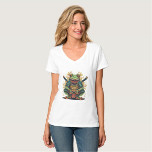 T-shirt col V pour femmes Guerrier Samouraï Grenou