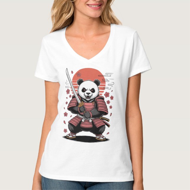 T-Shirt col V pour femmes Samouraï Panda Ours (Devant)