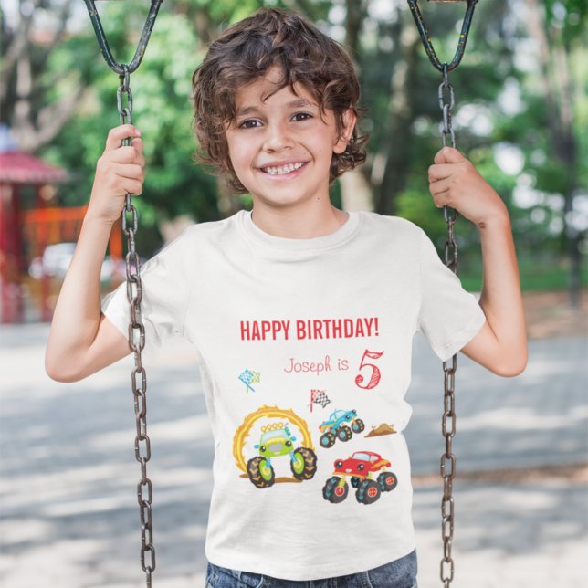 T-shirt Colful Birthday Boy Monster Trucks with Age (Créateur téléchargé)