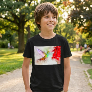 T-shirt Colibri à l'aquarelle se nourrissant de fleur roug