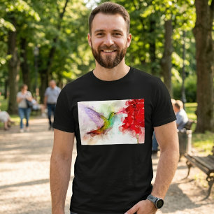 T-shirt Colibri à l'aquarelle se nourrissant de fleur roug